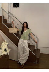 グリーンレイヤードVネックショートスリーブニットTシャツ