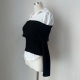 Off-shoulder color scheme shirt slim fit ribbed long sleeve knit T (2 colors)