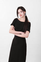 オフショルダースリットロングワンピース Black