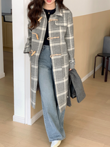 [SHOPPERMADE] アッシュグレーチェックウールロングダッフルコート