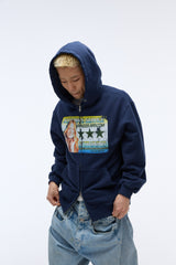 Sound wave artwork damage washing hoodie zip-up (Navy)