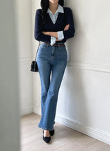 Ballon Shirt Layered V-Neck Shirring Knit