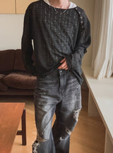 26SS★ [PLAN MADE/MADE]スラント スナップ ダメージ ニット