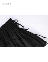 Double ribbon lace banding flare skirt black