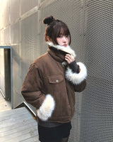 デュニスエードキルトバックルハイネックフェイクファージャケット