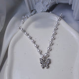 バタフライフェアリーパールチョーカーネックレス - Silver Color