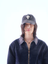 SIGNATURE FLOCKED DENIM FADED RANDOM STITCH EMBROIDERY PATCH WASHED BALLCAP