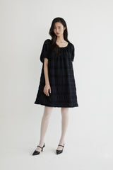Flower crochet shirring dress (BLACK)