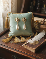Ethnic Button and Long Pearl Earrings - Gold Color