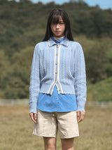 Wavy Collar Cable Merino Cardigan (Light Blue)