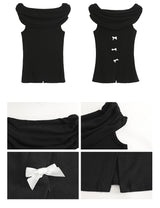 ブラック マカロン リボン オフショルダー T シャツ