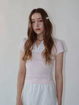 レースジップカラー半袖パフTシャツ(pink)