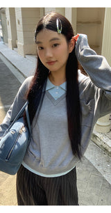 Collar Layered V-neck Long-Sleeved Knitwear