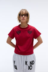 EEERRR Heart lace artwork semi-crop T-shirt (Red)