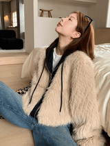 Eyes Hooded Layered Fur Zip-Up Jacket