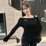 リブレオフショルダーアンバランス長袖Tシャツ (3Color)