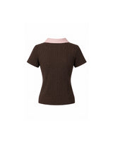 Elodie Pearl Collar Cable Short Sleeve Knit Top Brown