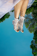 Mesh Lace-Up Open Toe Heel(White)