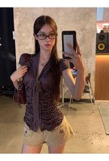 Dot Silk Shirring Strap Short-Sleeved Blouse