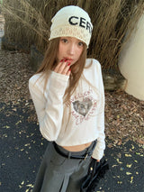 Heart Printed Long Sleeve Crop T-shirt