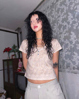 (2color) Flower Lace Crop Short Sleeve Tee
