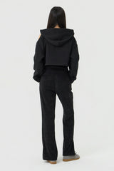 Shoulder Cutout Crop Hooded Zip-Up, Black