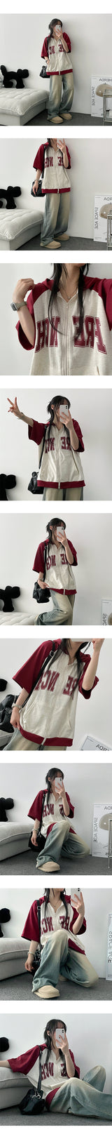 Abel Coloring raglan short-sleeved hooded zip-up