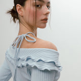 FRILL OFF SHOULDER T-SHIRT / SKYBLUE