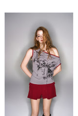 2025 Spring/Summer New Red and Gray Color Collision Slant Shoulder Printed Top