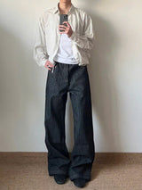 Striped Raw Denim Straight Leg Trousers