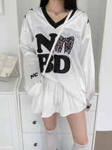 Bow Silky Overfit Leopard Patch Rugby Long Sleeve T-Shirt (2 Colors)