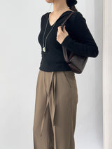 Ciar Collar V-Neck Slit Ribbed Long Sleeve Knit