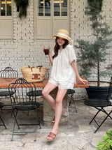 Eyelet Punching Blouse Banding Shorts Set