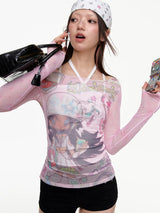 BETWEENANDx sunonebird a joint Millennium dream powder stitching gauze long-sleeved female niche collar shirt