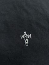 フロックデニムパッチワーク刺繍テキストプリントウォッシュ長袖Tシャツ