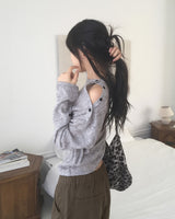 Miken open shoulder button wool long-sleeved T-shirt