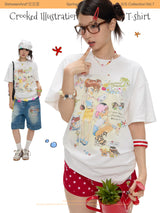 BETWEENAND Summer white printed loose-fit short-sleeve women’s shirt, new style pure cotton round-neck T-shirt, couple’s version