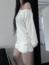 pin off-shoulder long sleeve T (2color)