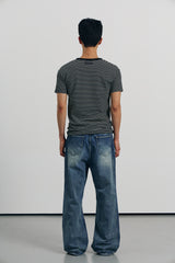 Stripe slim henley neck half t-shirts(Black)