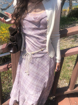 [Belt Set] Cheek Drape Check Unbalance Sleeveless Long One Piece
