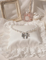 [TWICE Chaeyoung Necklace] Adorable Ribbon Pearl Choker Necklace - Silver