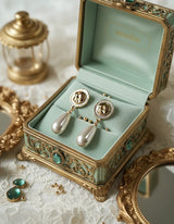 Ethnic Button and Long Pearl Earrings - Gold Color