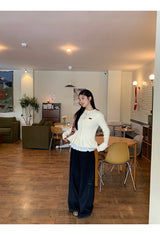 Twisted frill knit long-sleeved cardigan