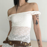 Seopo lace punching puff see-through off-shoulder mini dress