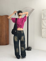 Rosen Washed Denim Long Wide Pants