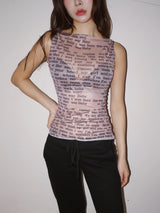 ベージュレタリングシースルーノースリーブTシャツ