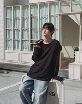 クリスボートネックルーズフィットボタン長袖Tシャツ