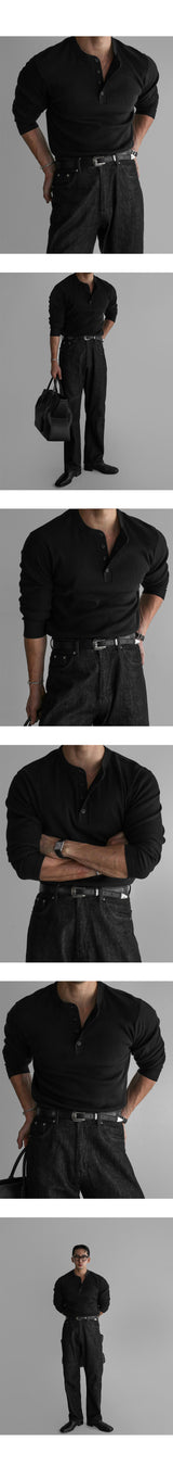 リブ付きヘンリーネックマッスル長袖ニットTシャツ [Black]