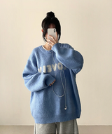 Mona Lovely Lettering Embroidery Loose Fit Round Knit