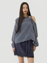 One-shoulder Blanc Ribbon Shirring Detail Top, Charcoal